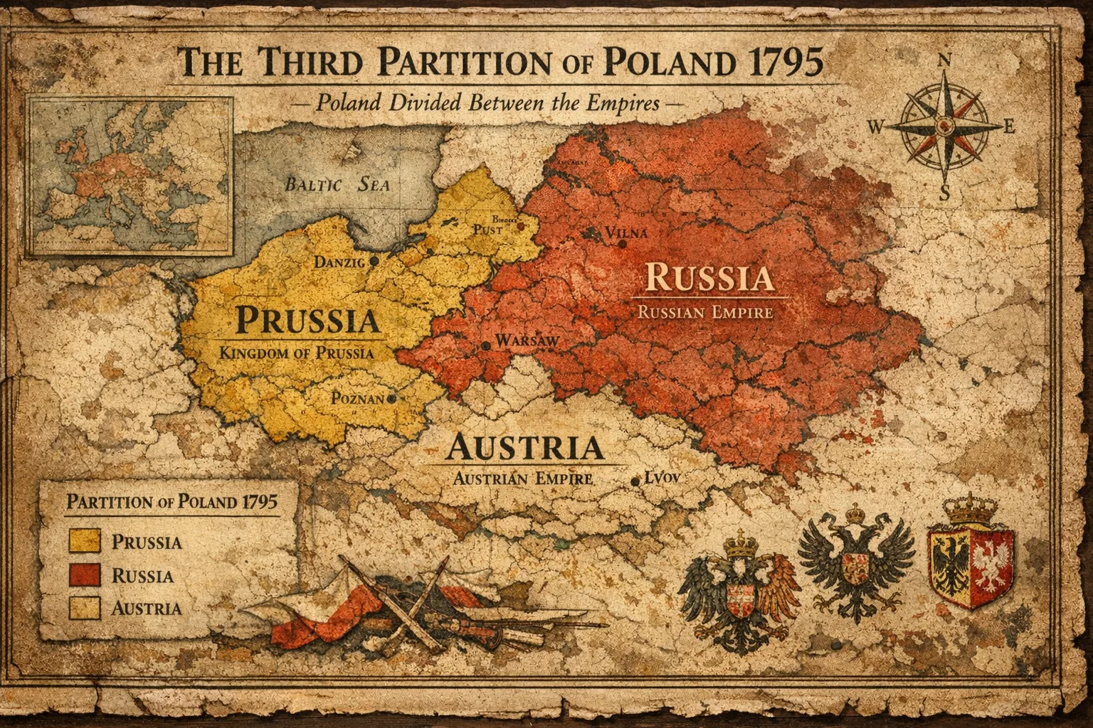 Historical map showing the third partition of Poland in 1795 by the Russian, Prussian, and Austrian Empires