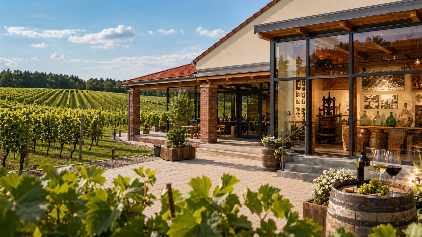 Lubusz Centre for Viticulture visitor orientation scene beside vineyard rows