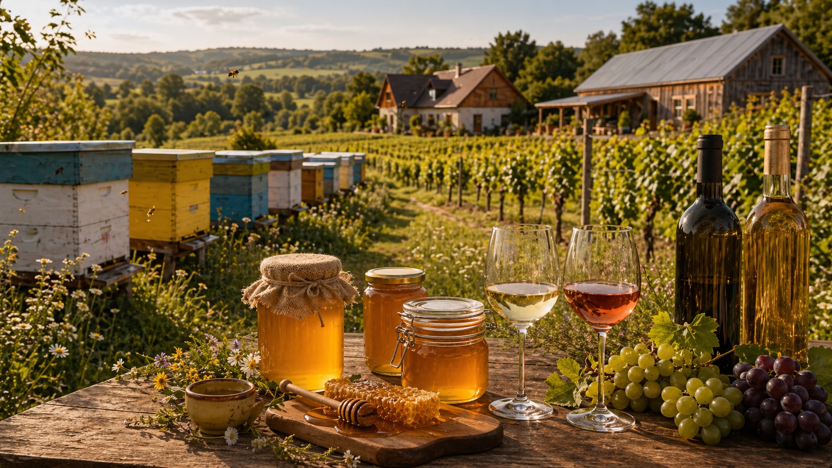 Lubusz Wine and Honey Trail countryside with vineyards, honey products, and route-map mood