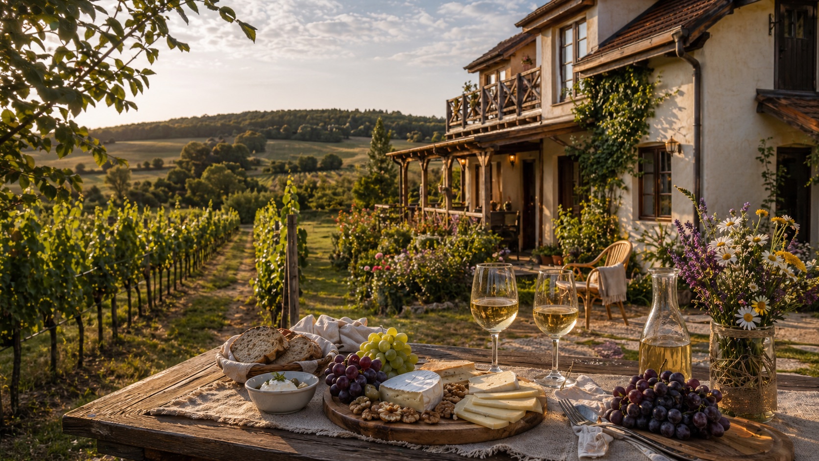 Lubuskie vineyard lodging and countryside dining scene representing Winnica Mozów