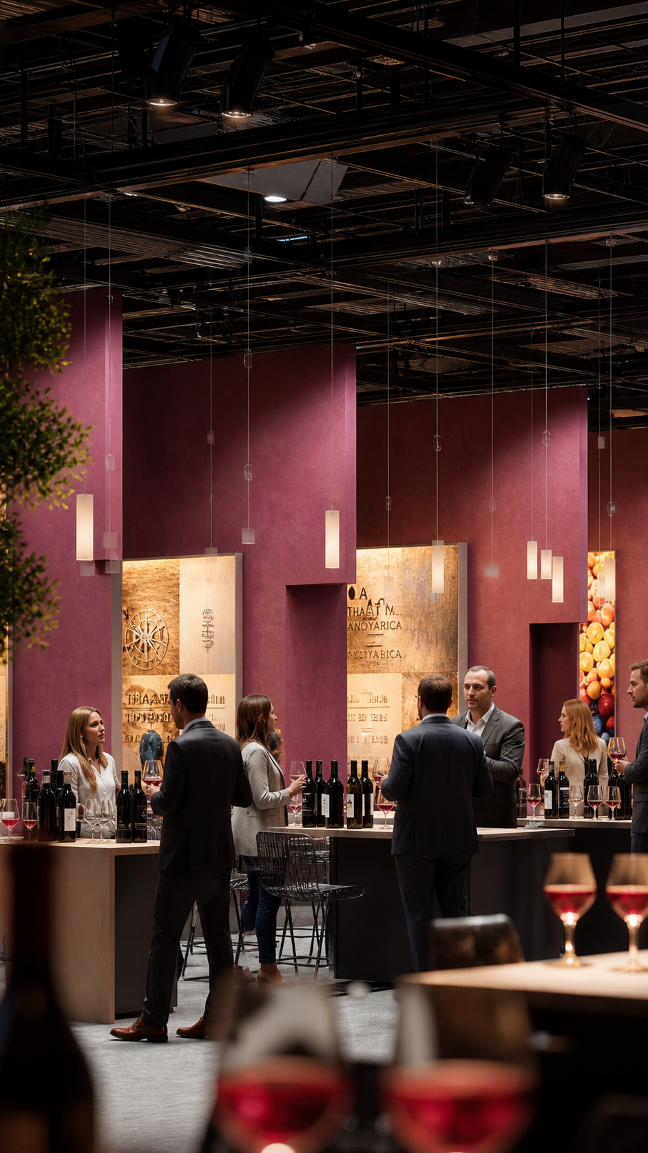 ENOEXPO trade fair tasting scene with exhibitors and wine glasses