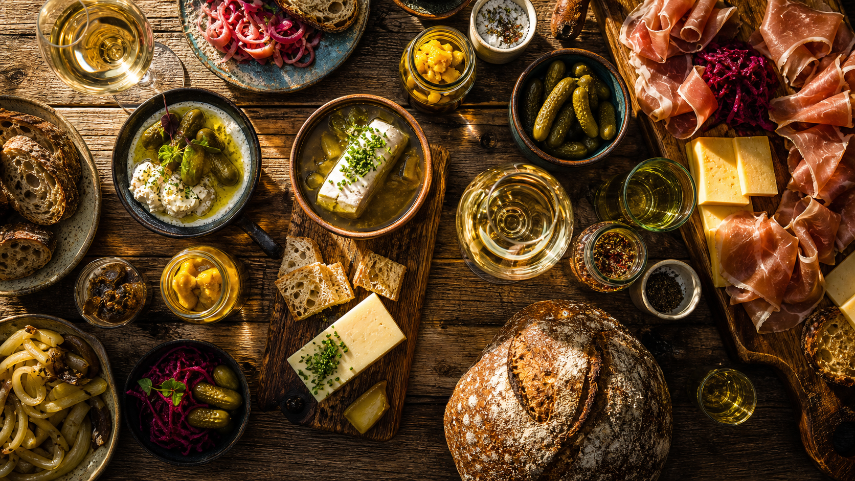 Cheese boards, pickles, pate, and market-style savory pairings for sparkling and orange wines